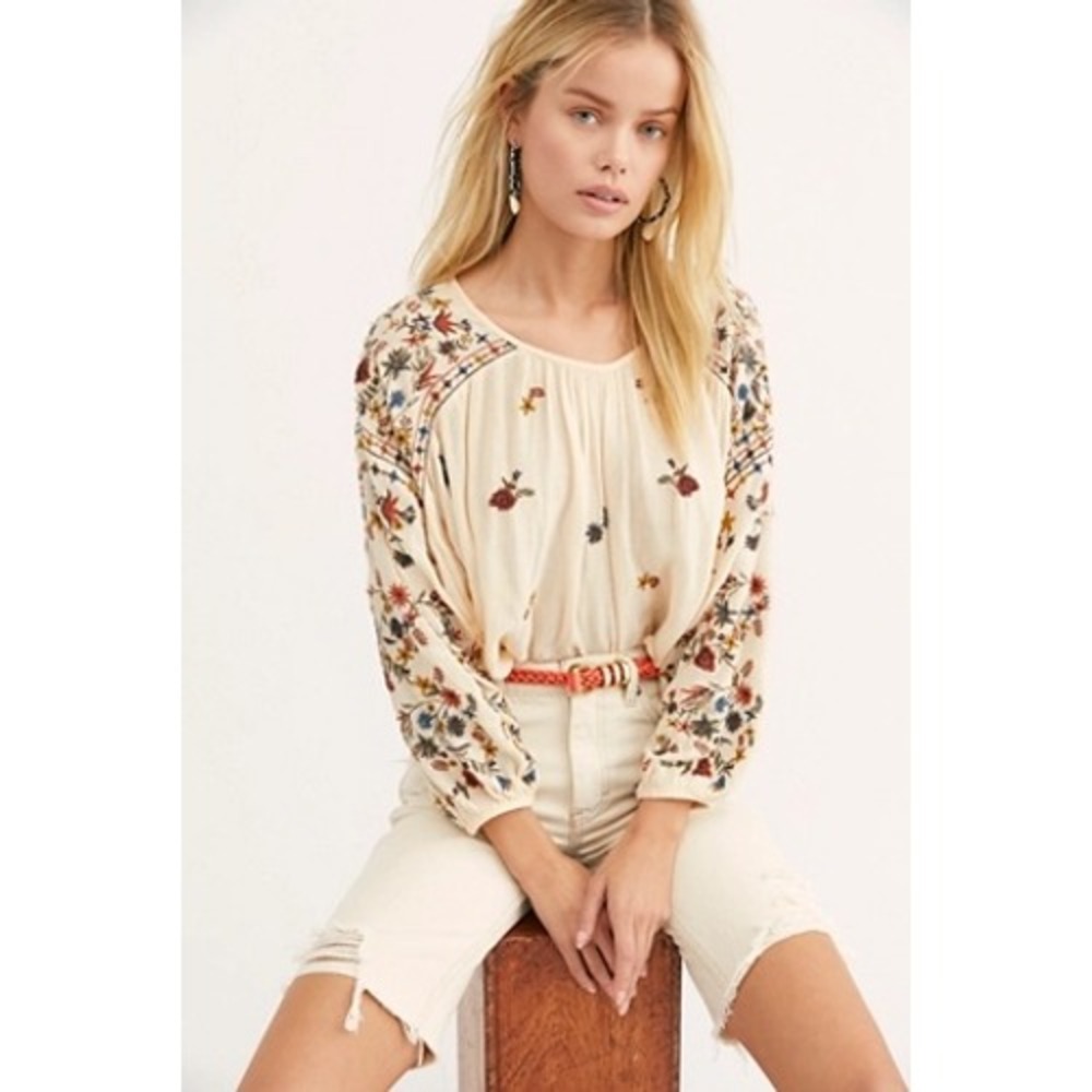 Free People Embroidered Wild Flowers Peach Boho‎ Blouse XS